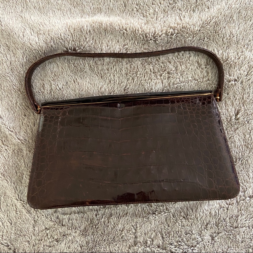 Patent Leather Croc Brown Frame Shoulder Bag